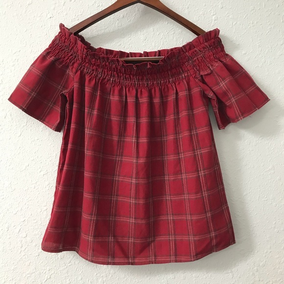 Socialite Tops - Socialite off the shoulder red buffalo plaid shirt